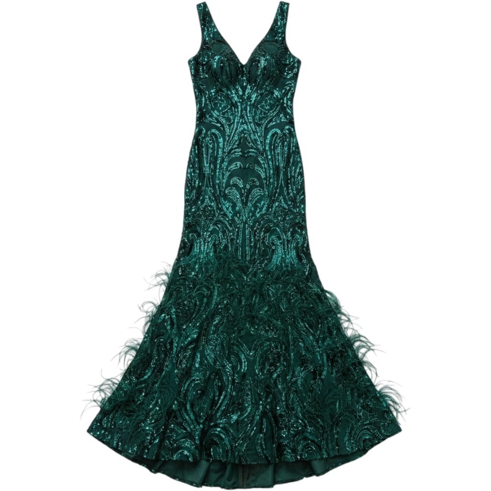 Jovani Emerald Green Sequin Feather Trim Mermaid Evening Gown Dress 6 - Picture 2 of 10